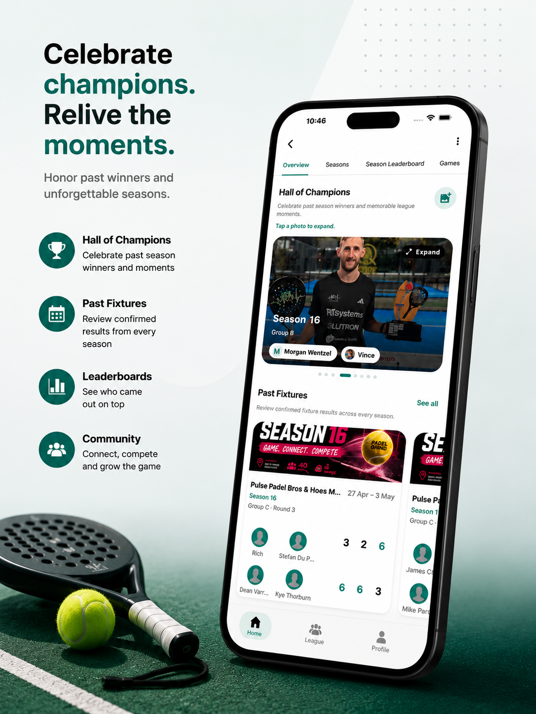 Padel Grind app promotional preview showing Hall of Champions and past fixtures